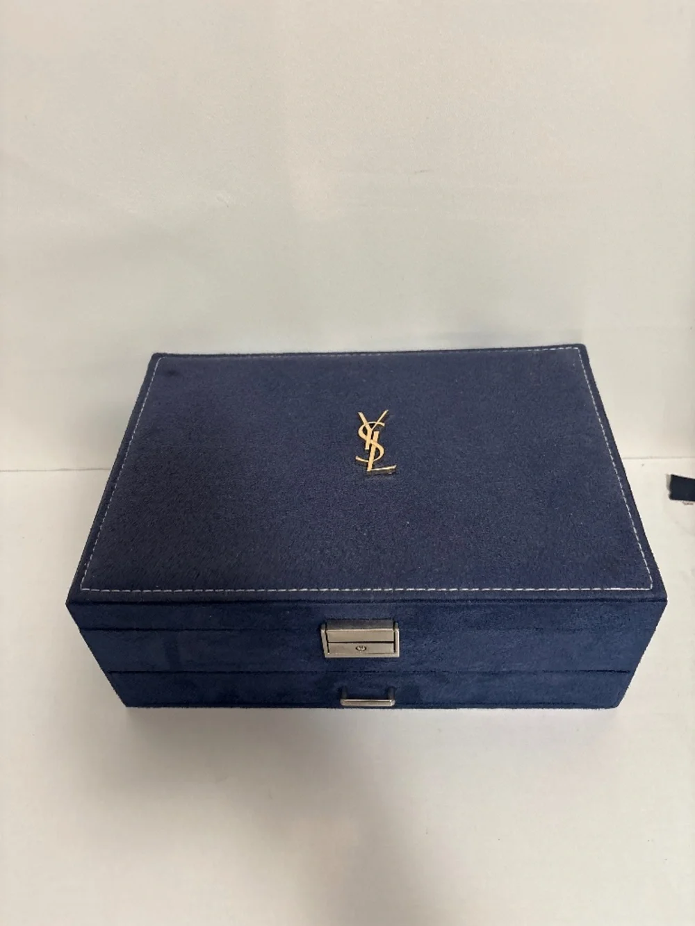 Blue Velvet Large Jewelry Box with Upcycled YSL logo